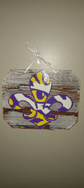 Wooden Wall Plaque with Purple and Yellow Fleur-de-Lis Design