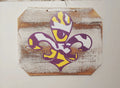 Wooden Fleur De Lis Wall Sign with Purple and Yellow Painted Design