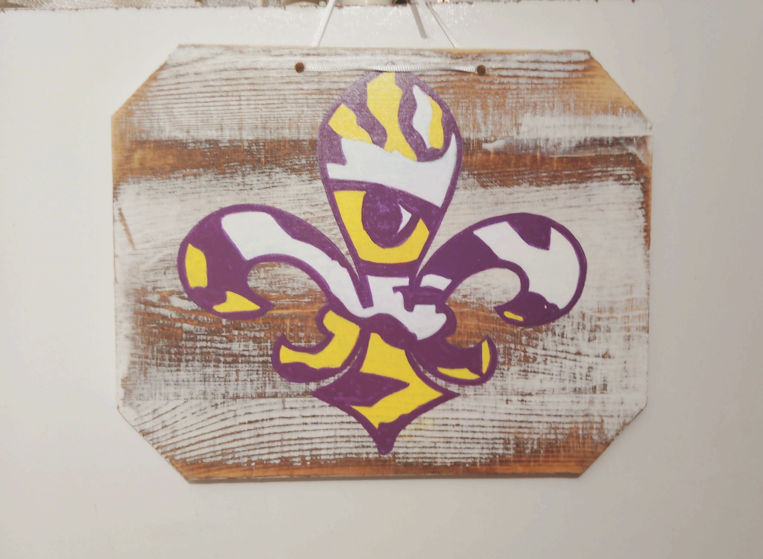 Wooden Fleur De Lis Wall Sign with Purple and Yellow Painted Design