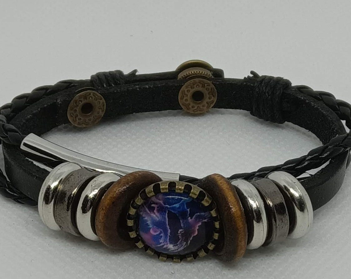 Men's Braided Leather Bracelet with Beads and Metal Accents