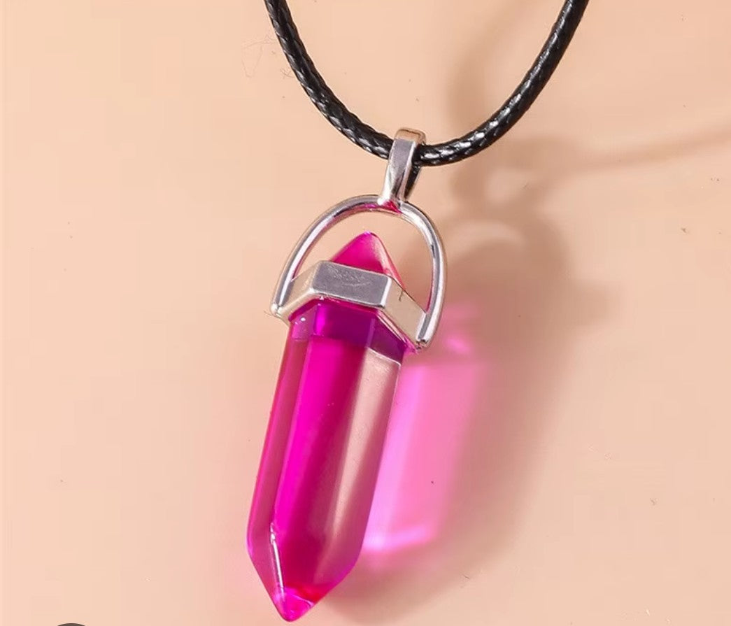 Hot Pink Crystal Point Pendant Necklace – Faceted Healing Quartz Style Pendant on Black Cord