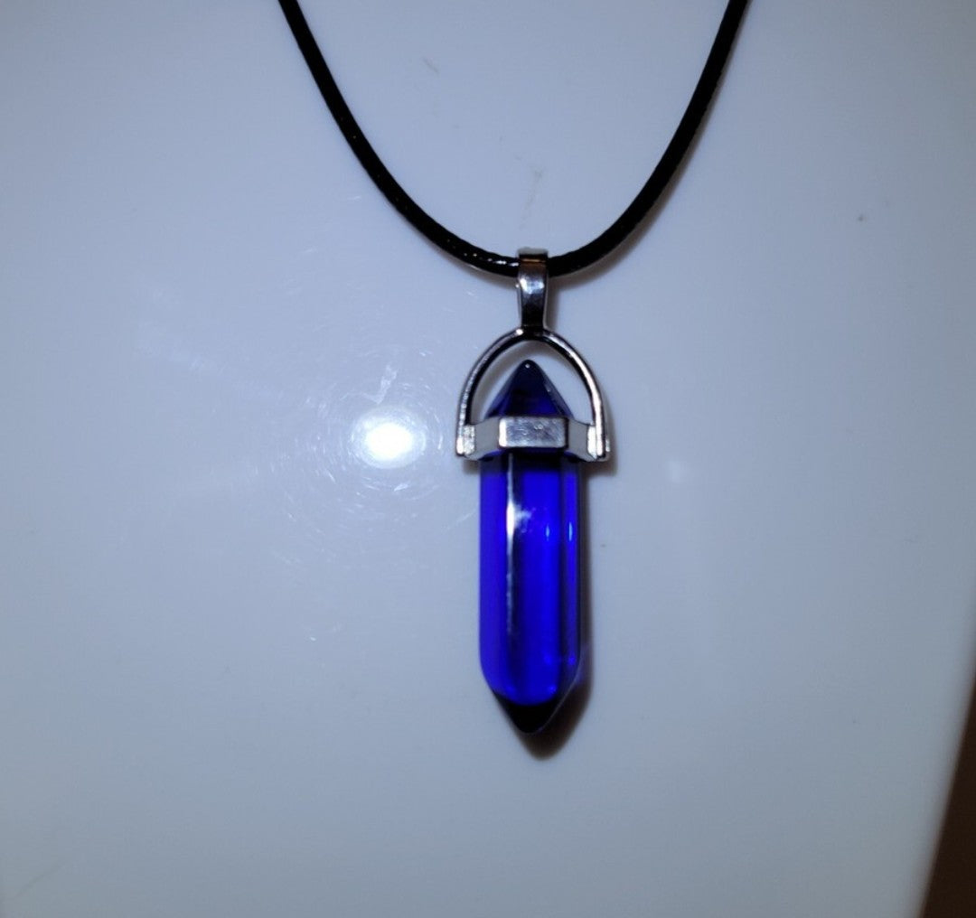 Royal Blue Crystal Point Pendant Necklace – Faceted Healing Quartz Style Pendant on Black Cord