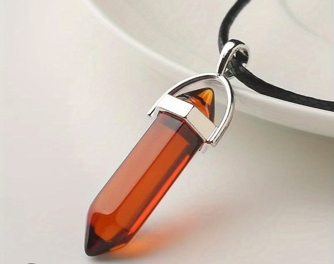Amber Orange Crystal Point Pendant Necklace – Faceted Healing Quartz Style Pendant on Black Cord