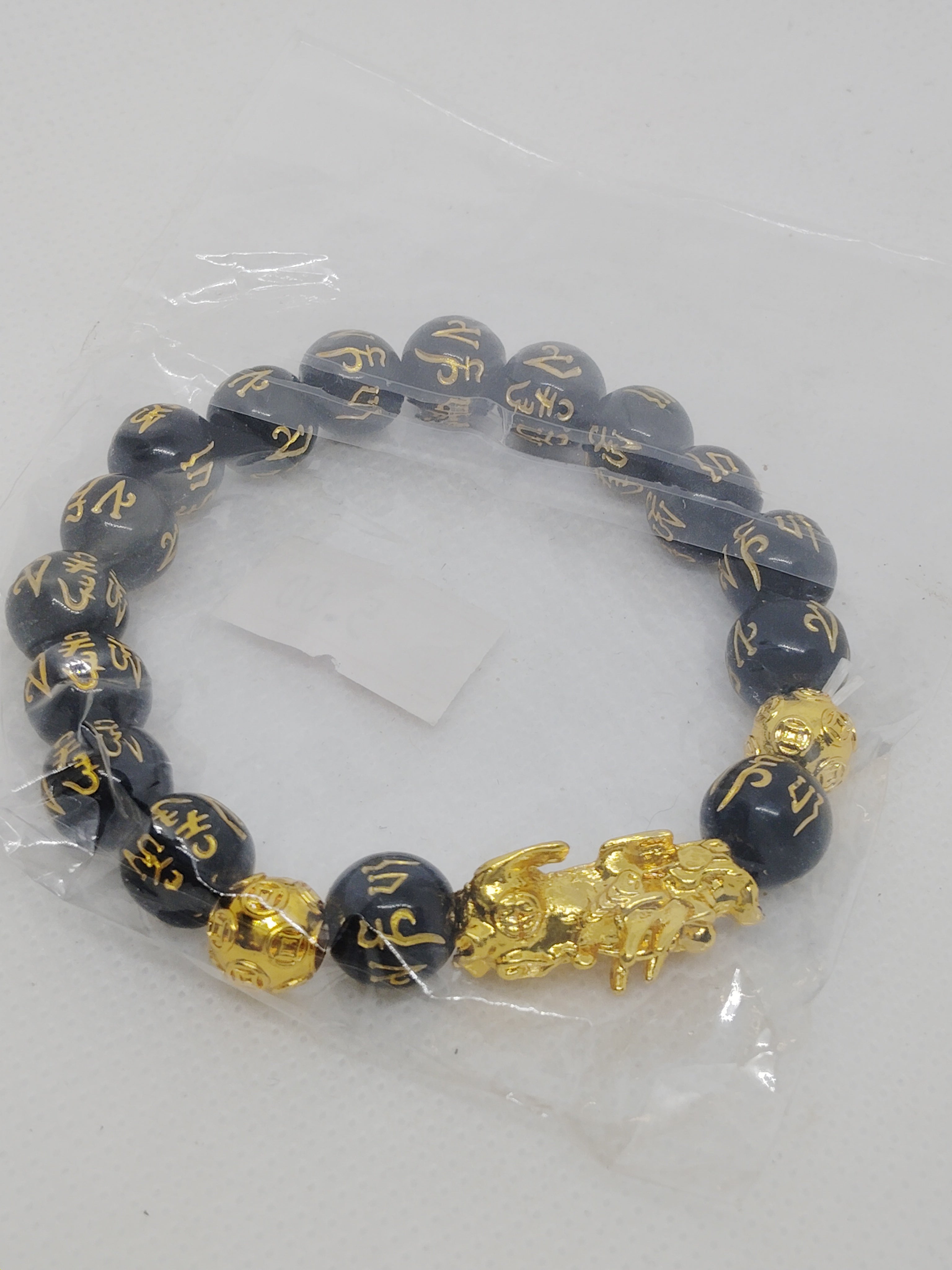 Black Bead Feng Shui Bracelet with Gold Pixiu Charm