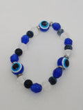Evil Eye Beaded Stretch Bracelet with Blue and White Glass Beads