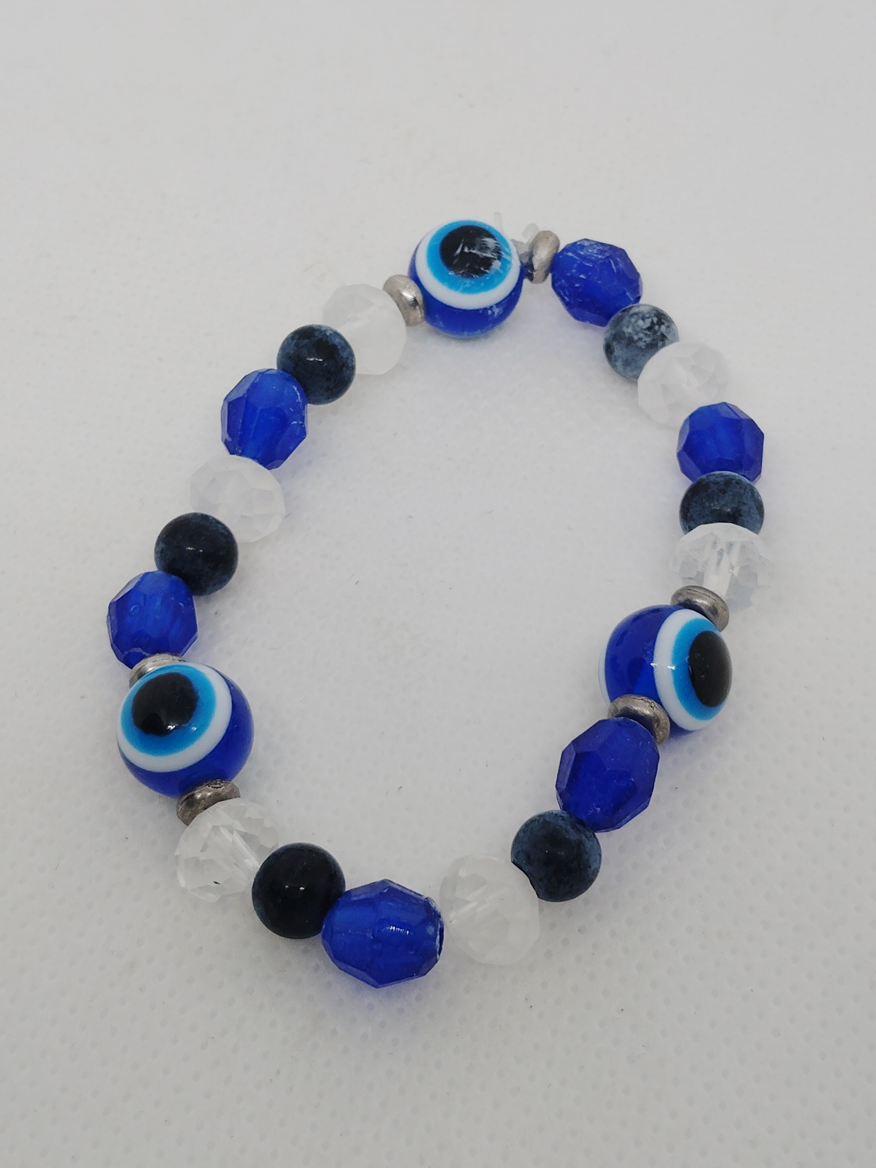 Evil Eye Beaded Stretch Bracelet with Blue and White Glass Beads