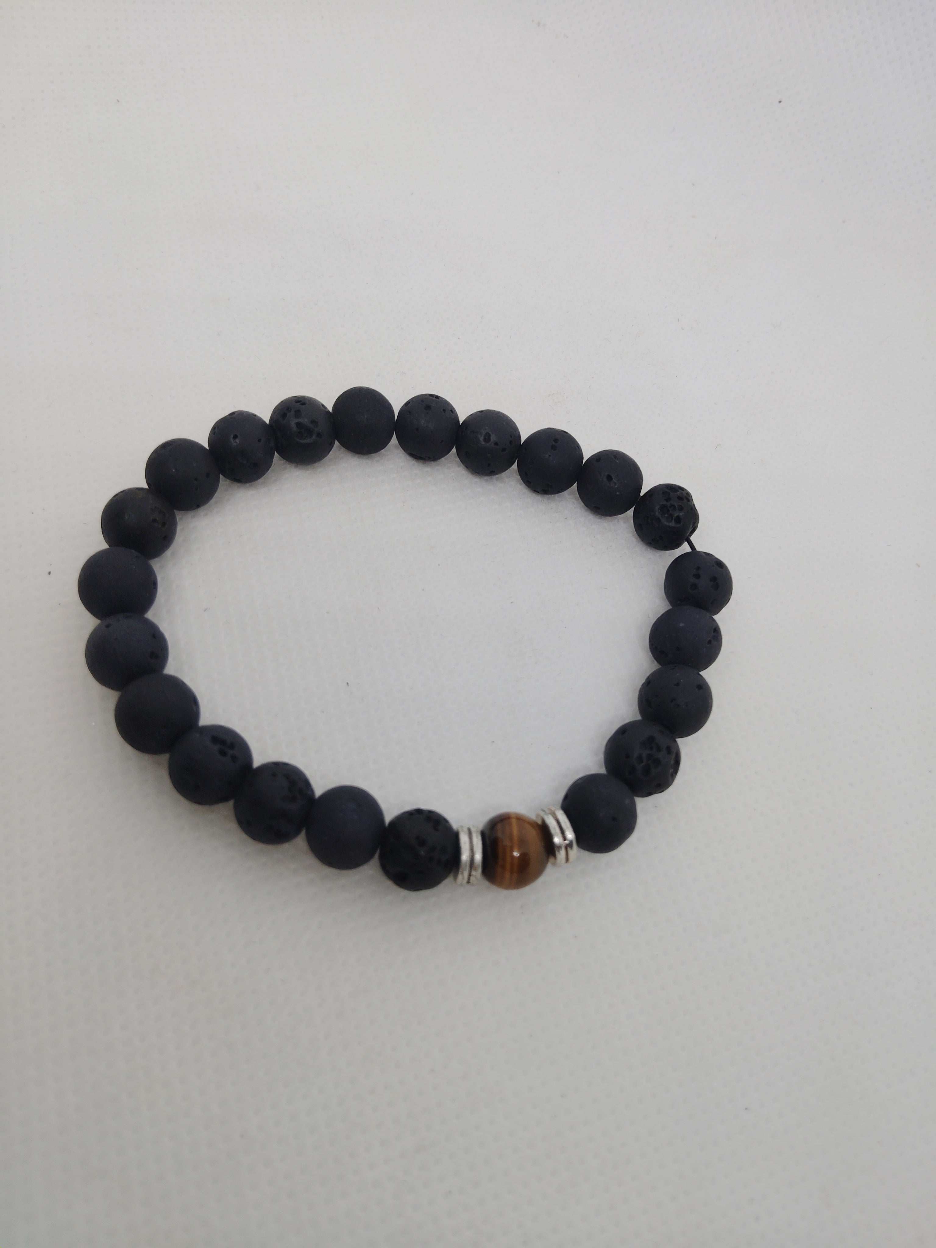 Black Lava Bead Bracelet with Tiger Eye Accent