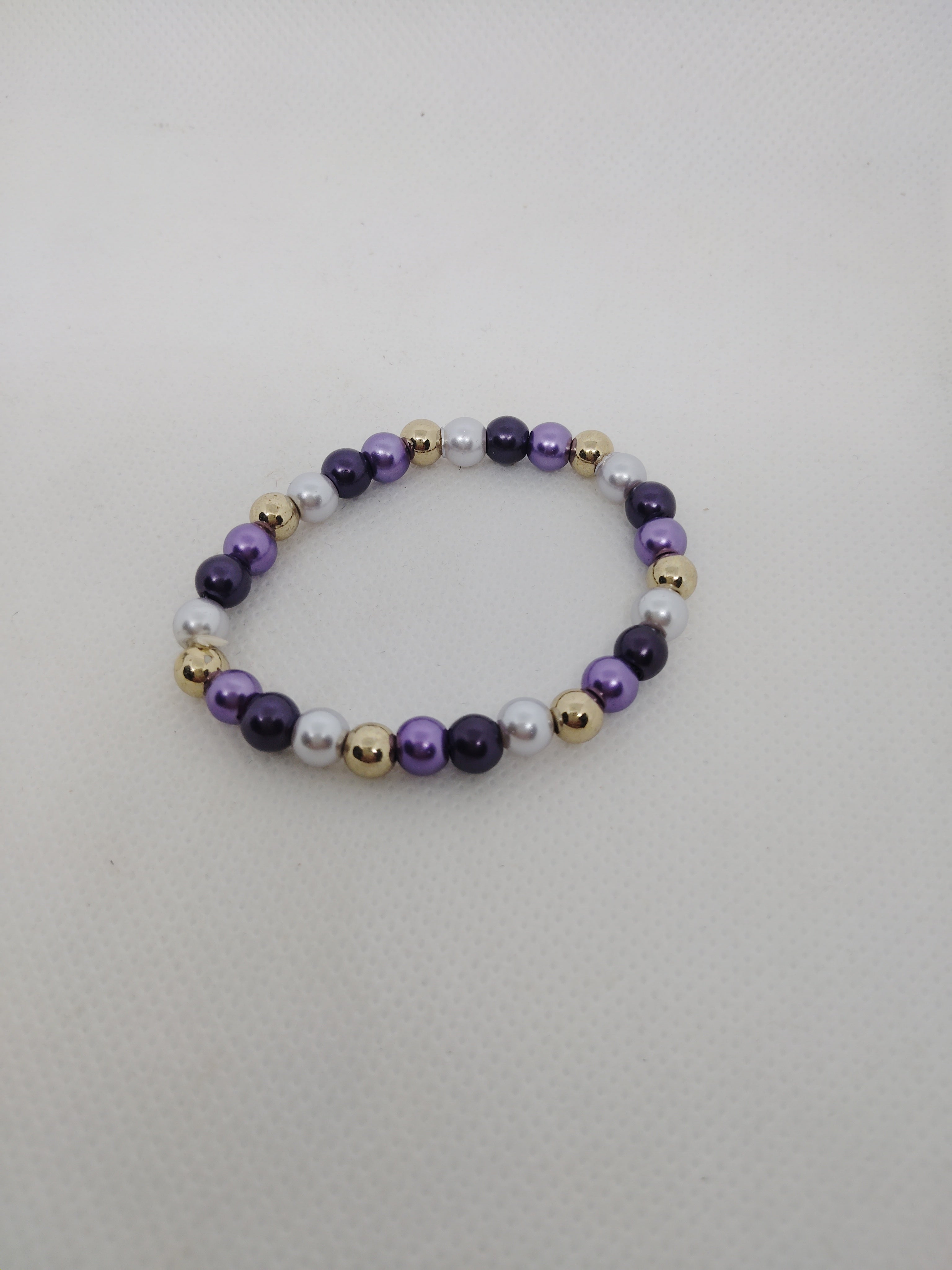 Purple, Gold, and White Beaded Stretch Bracelet