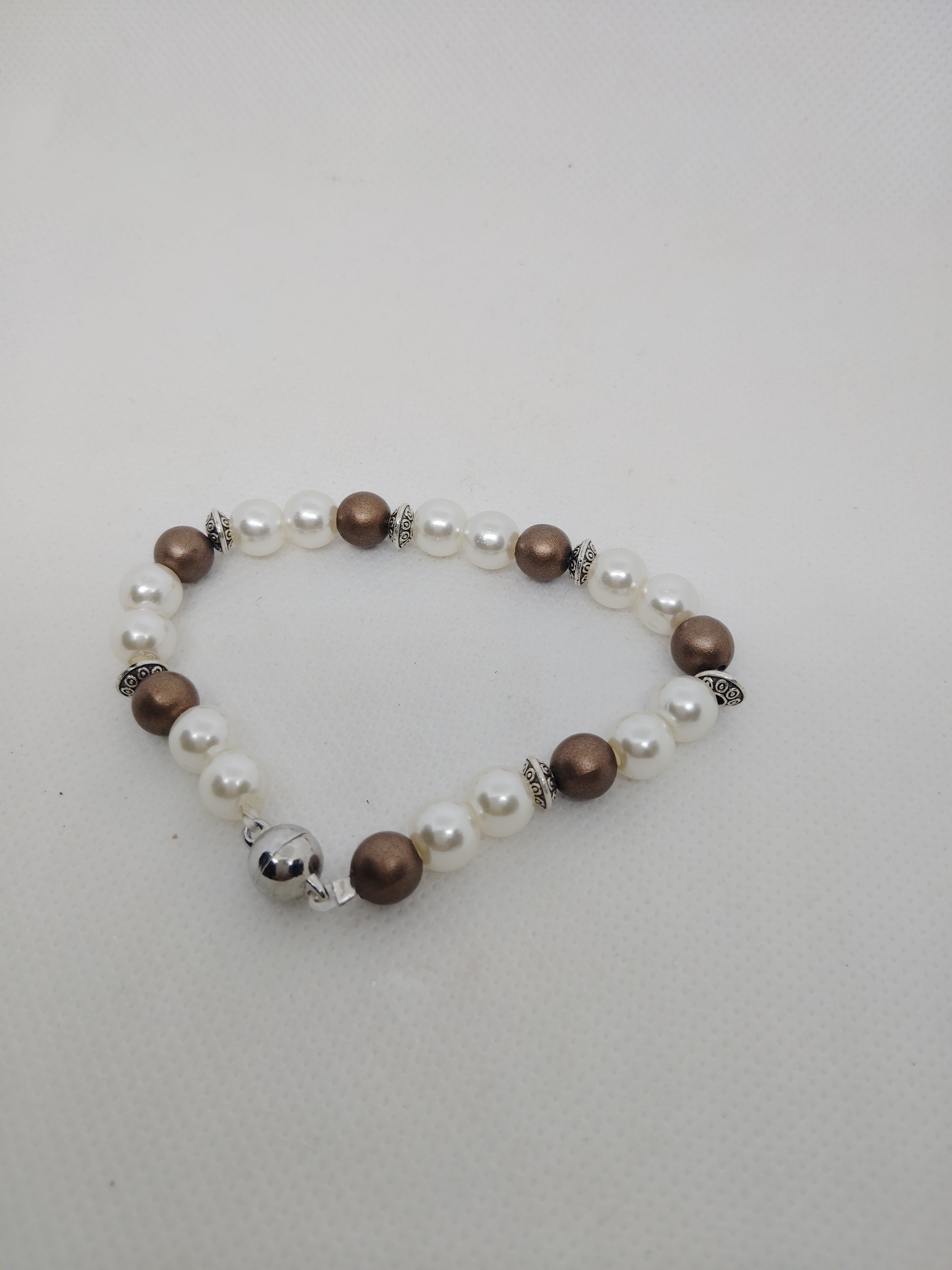 Pearl and Bronze Beaded Bracelet with Silver Clasp