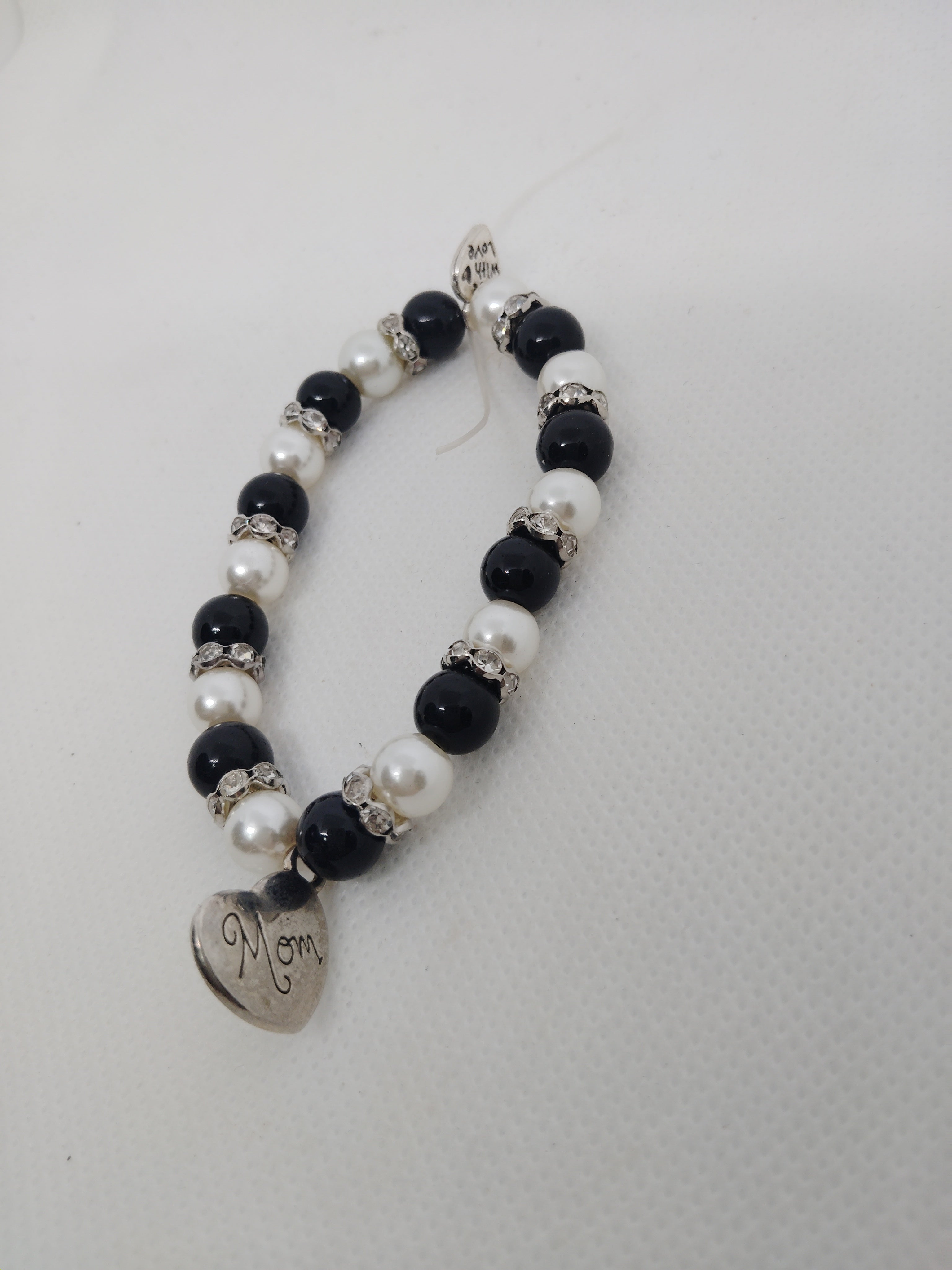 Black and White Beaded Mom Bracelet with Silver Heart Charm