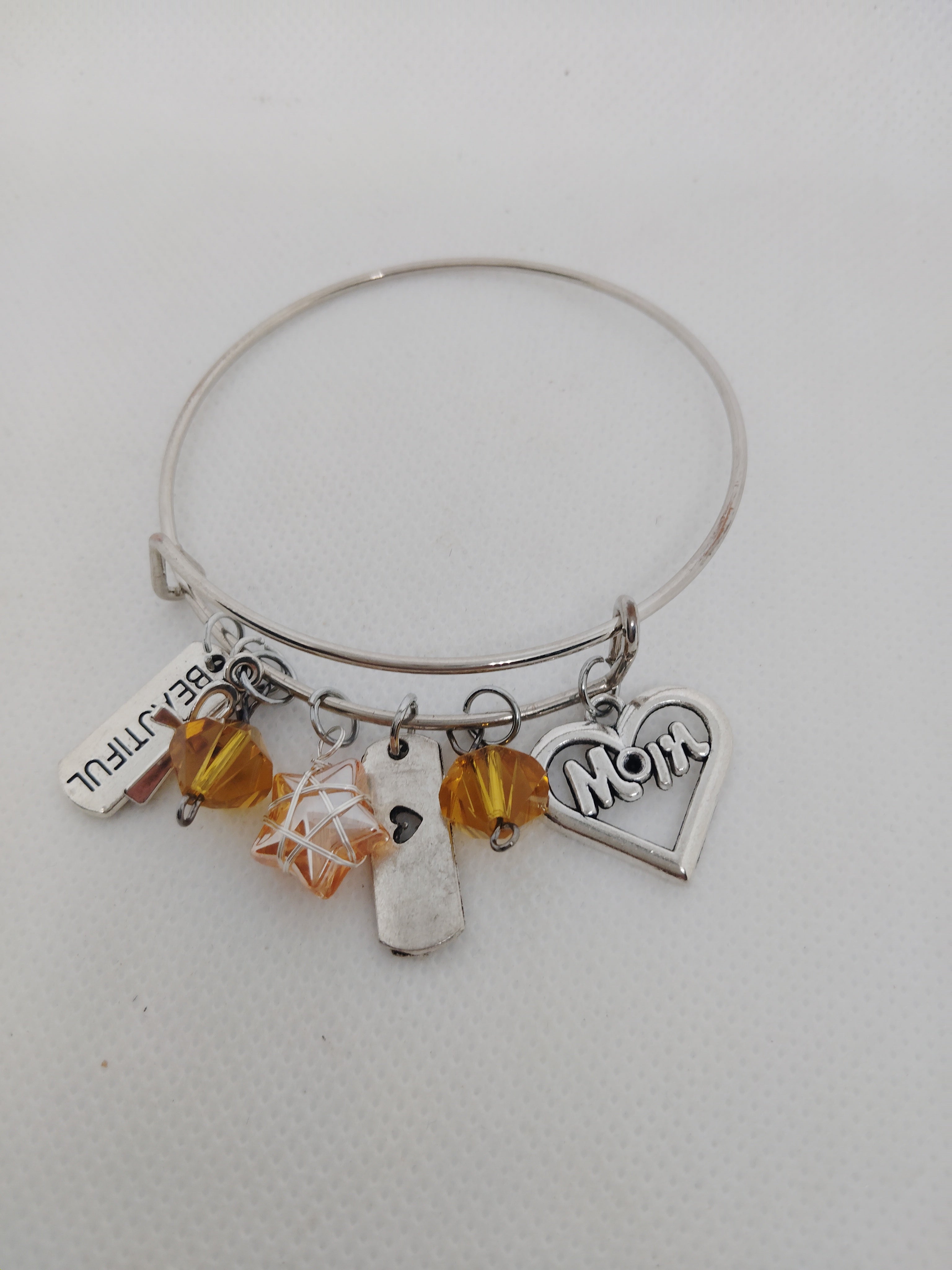 Mom Charm Bangle Bracelet with Silver and Yellow Beads