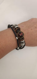 Cancer Zodiac Black Leather Bracelet with Metal Accents