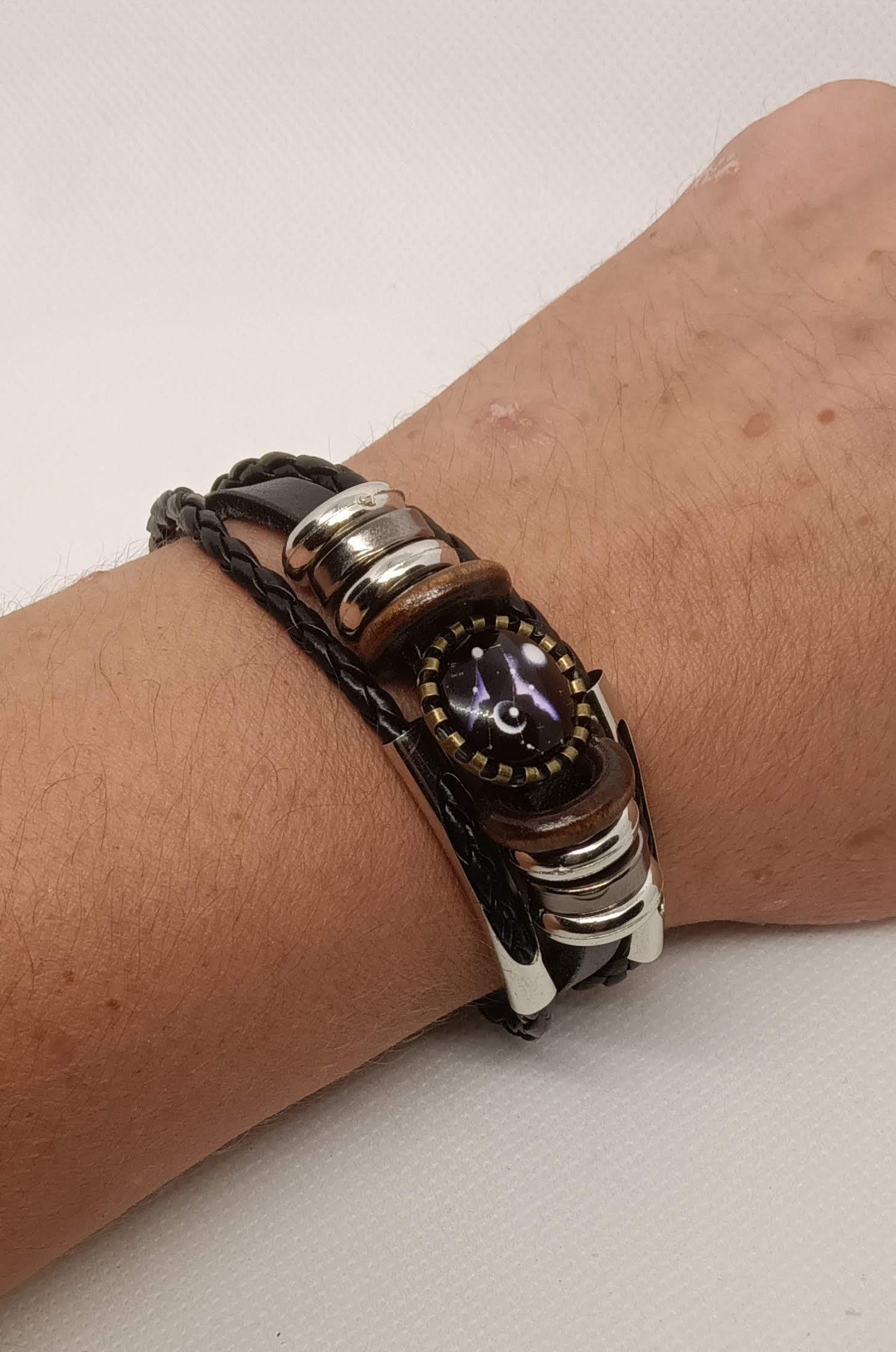 Gemini Zodiac Black Leather Bracelet with Adjustable Fit
