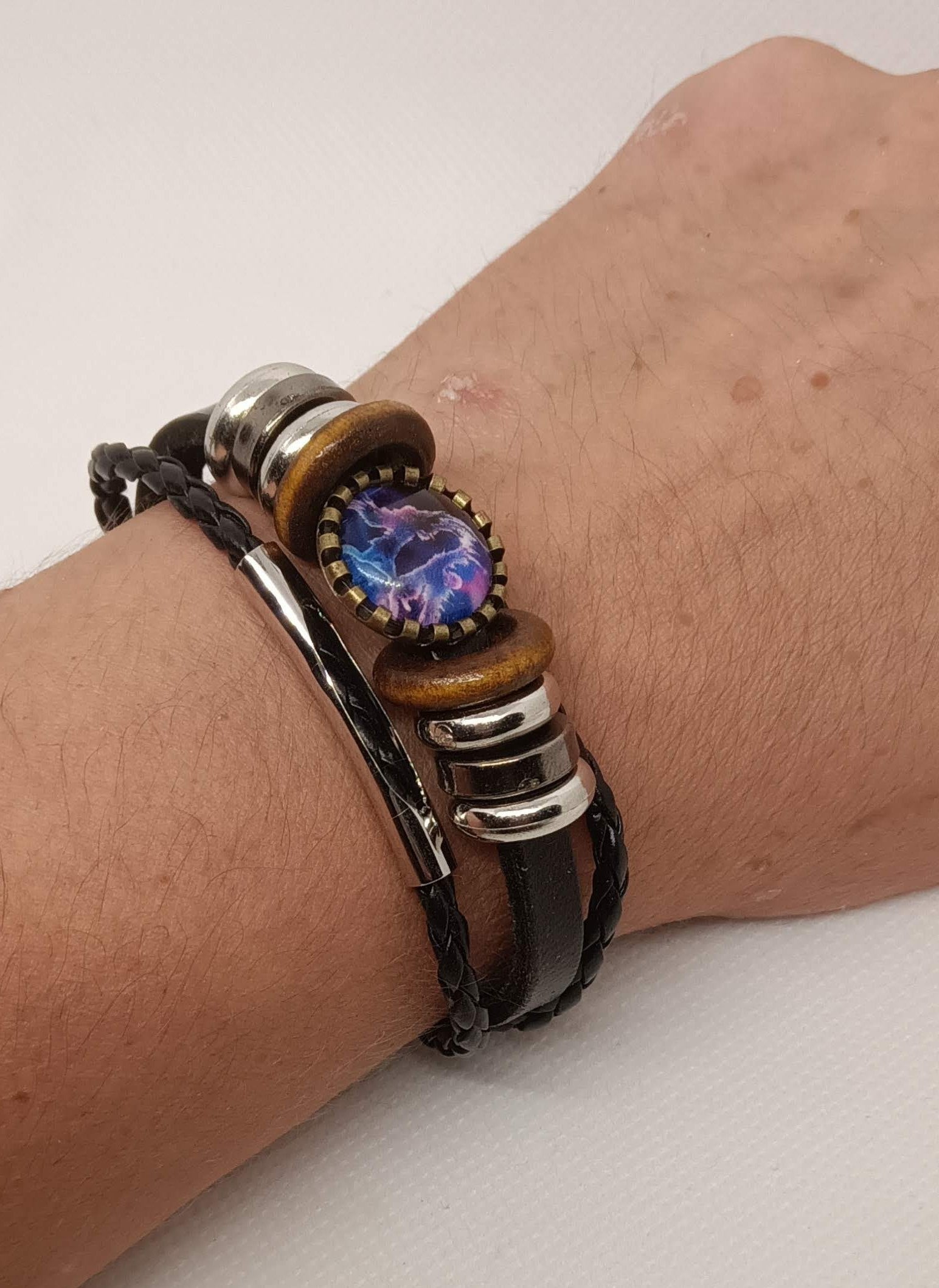 Gemini Leather Bracelet with Zodiac Glass Cabochon