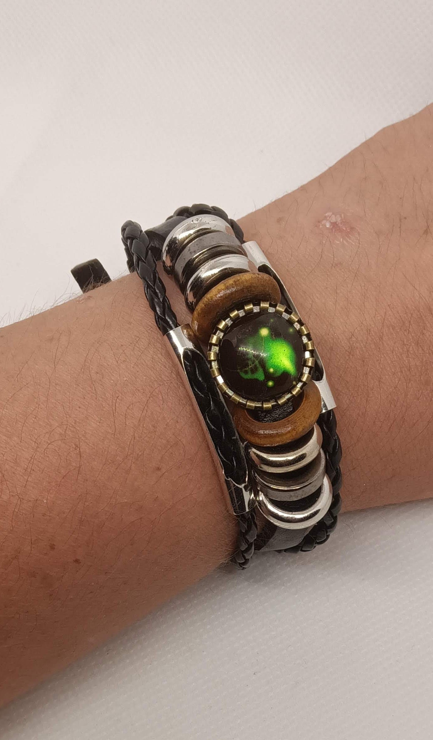 Aries Men's Braided Leather Bracelet with Metallic Accents