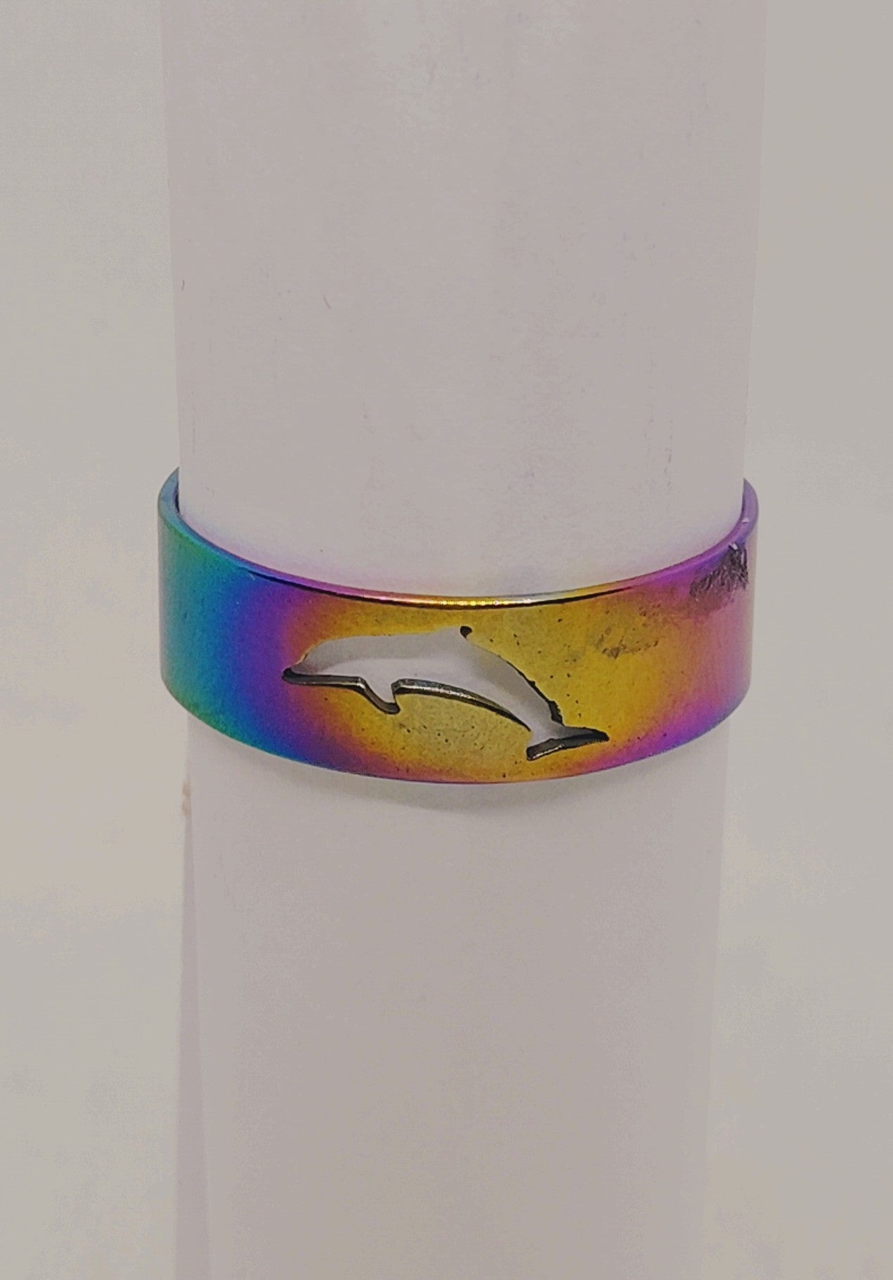 Men's Dolphin Engraved Rainbow Stainless Steel Ring, Size 11
