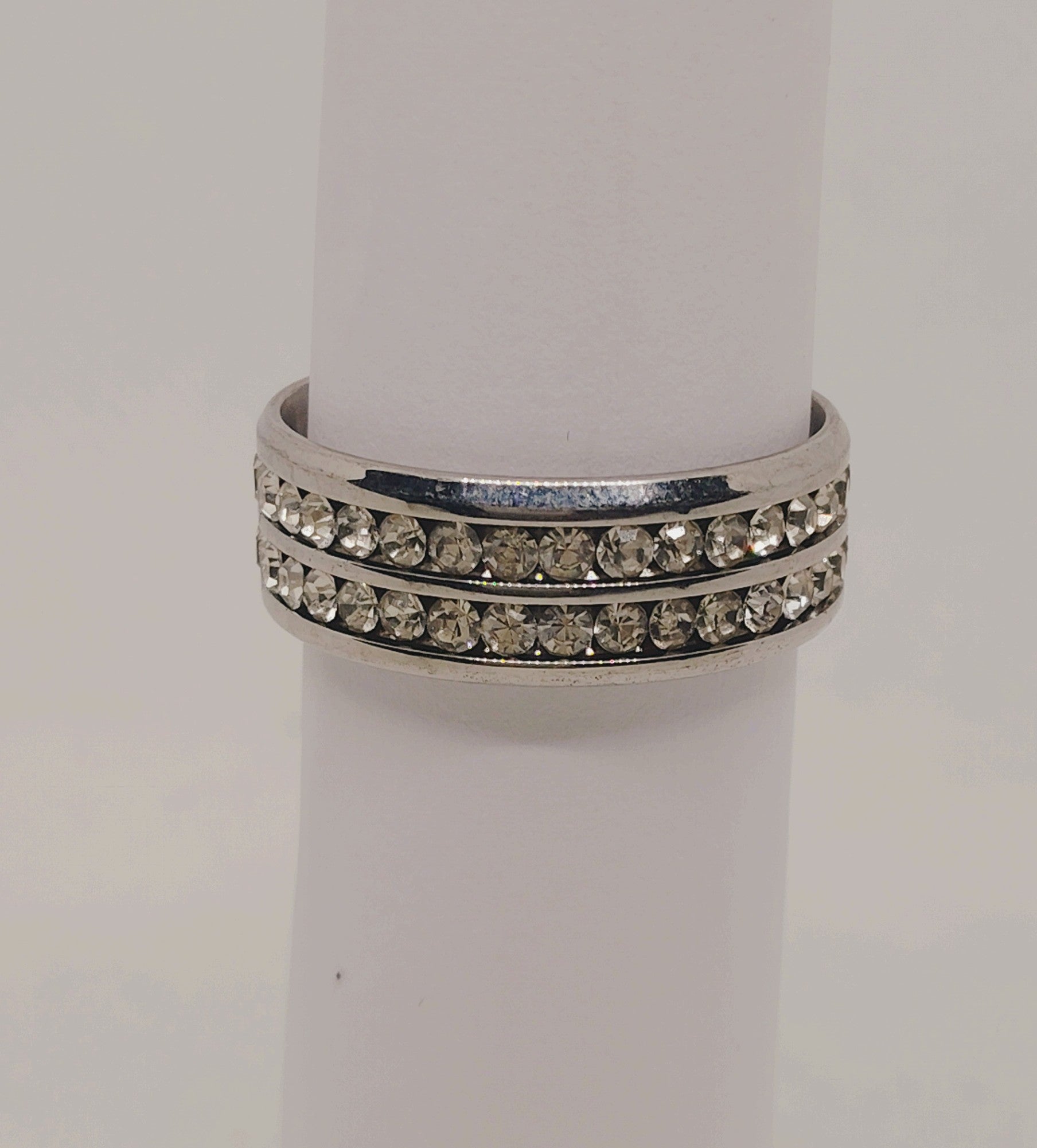Men's Size 10 Silver-Tone Band with Double Row Clear Stones