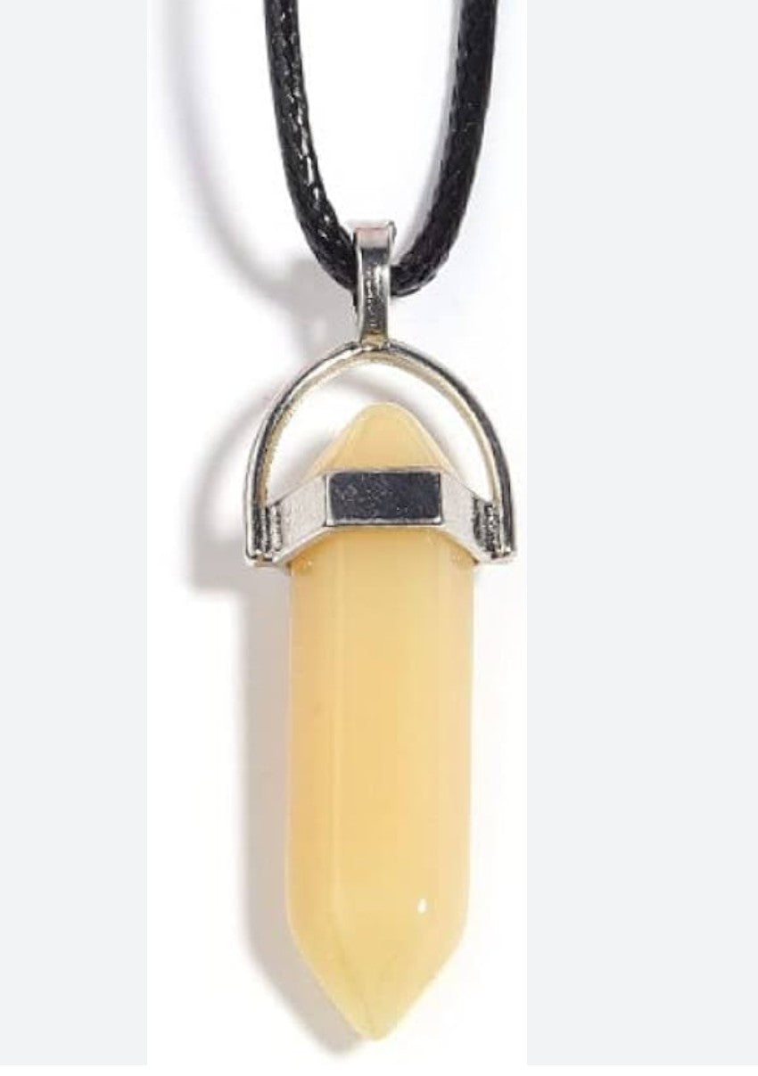 Yellow Crystal Pendant Necklace - Polished Stone with Black Cord
