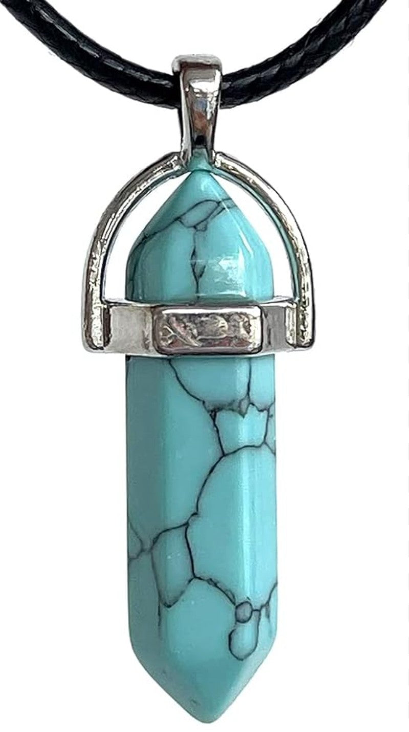 Turquoise Crystal Pendant Necklace – Hexagonal Stone Point on Black Cord