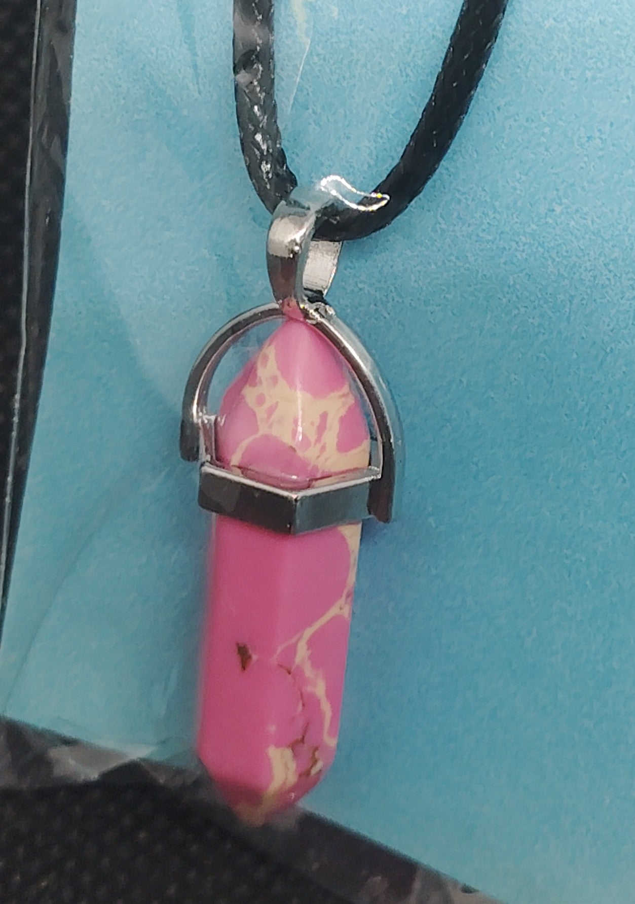 Pink Stone Pendant Necklace with Leather Cord