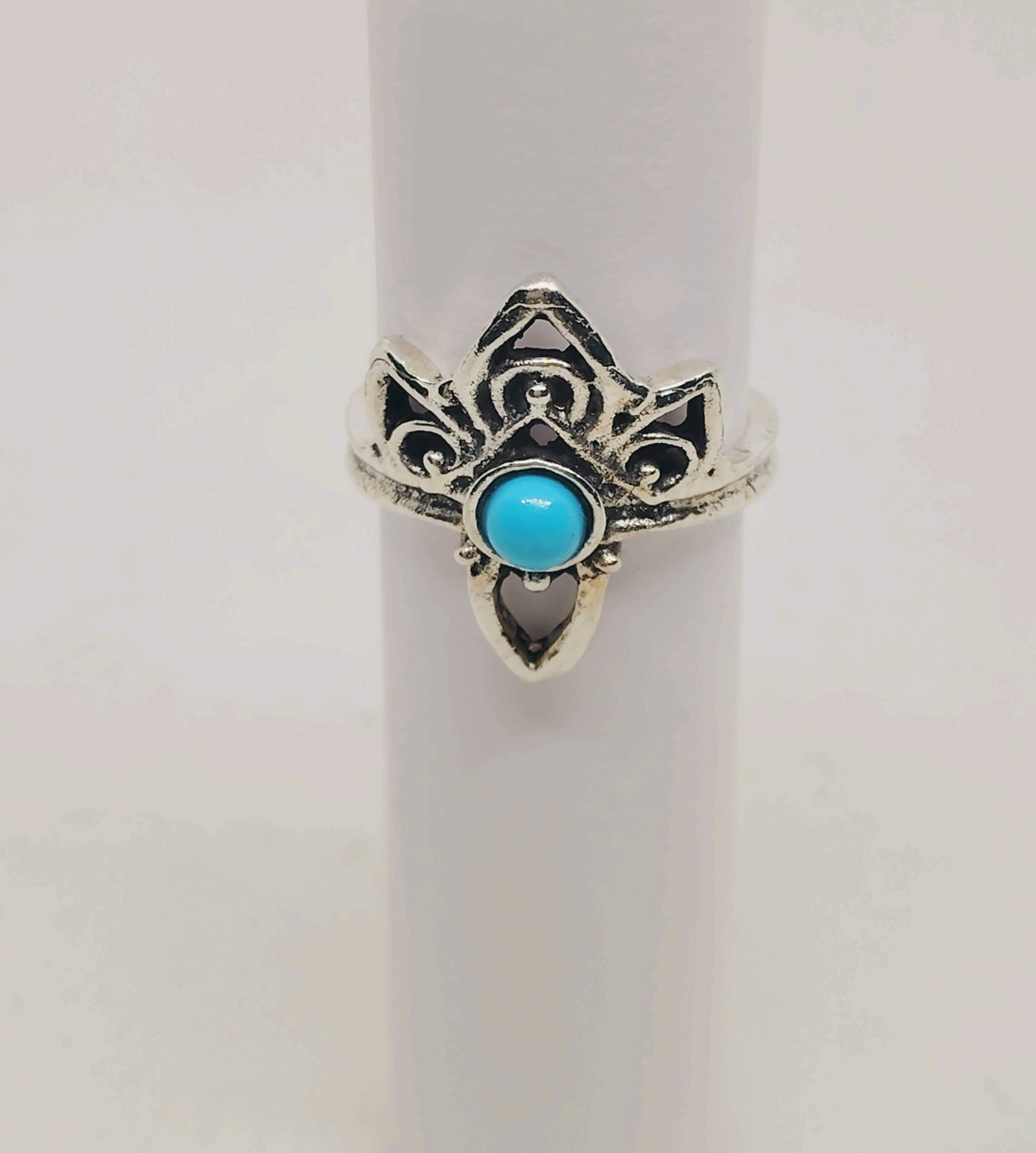 Turquoise Boho Vintage-Style Lotus Ring size 7