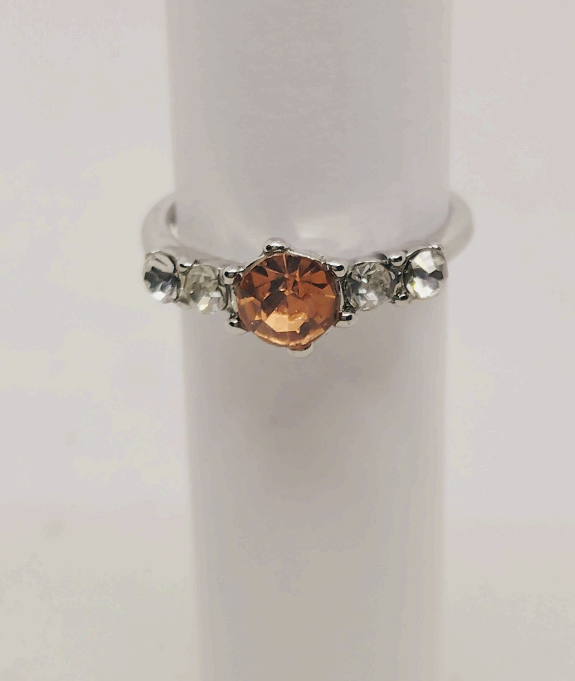 Orange Gemstone and Clear Crystal Silver-Tone Ring size 6