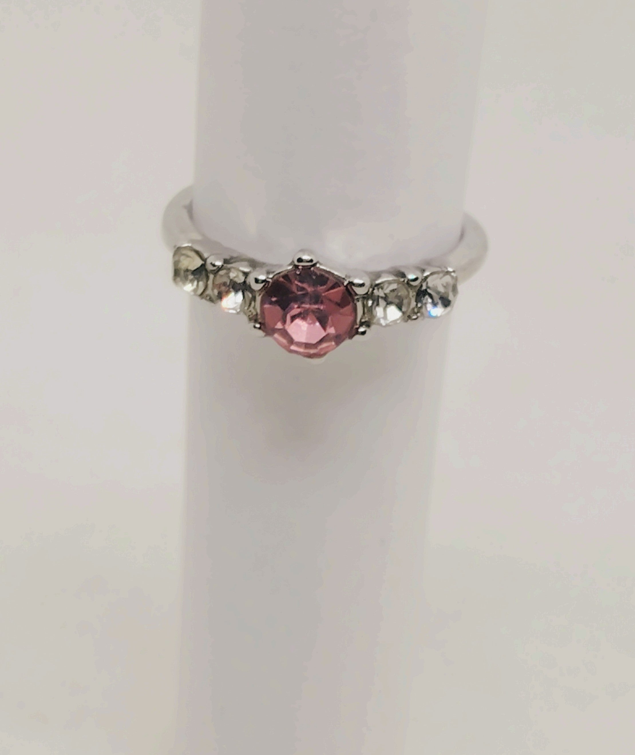 Silver Ring with Pink Center Stone and Clear Side Stones Size 7