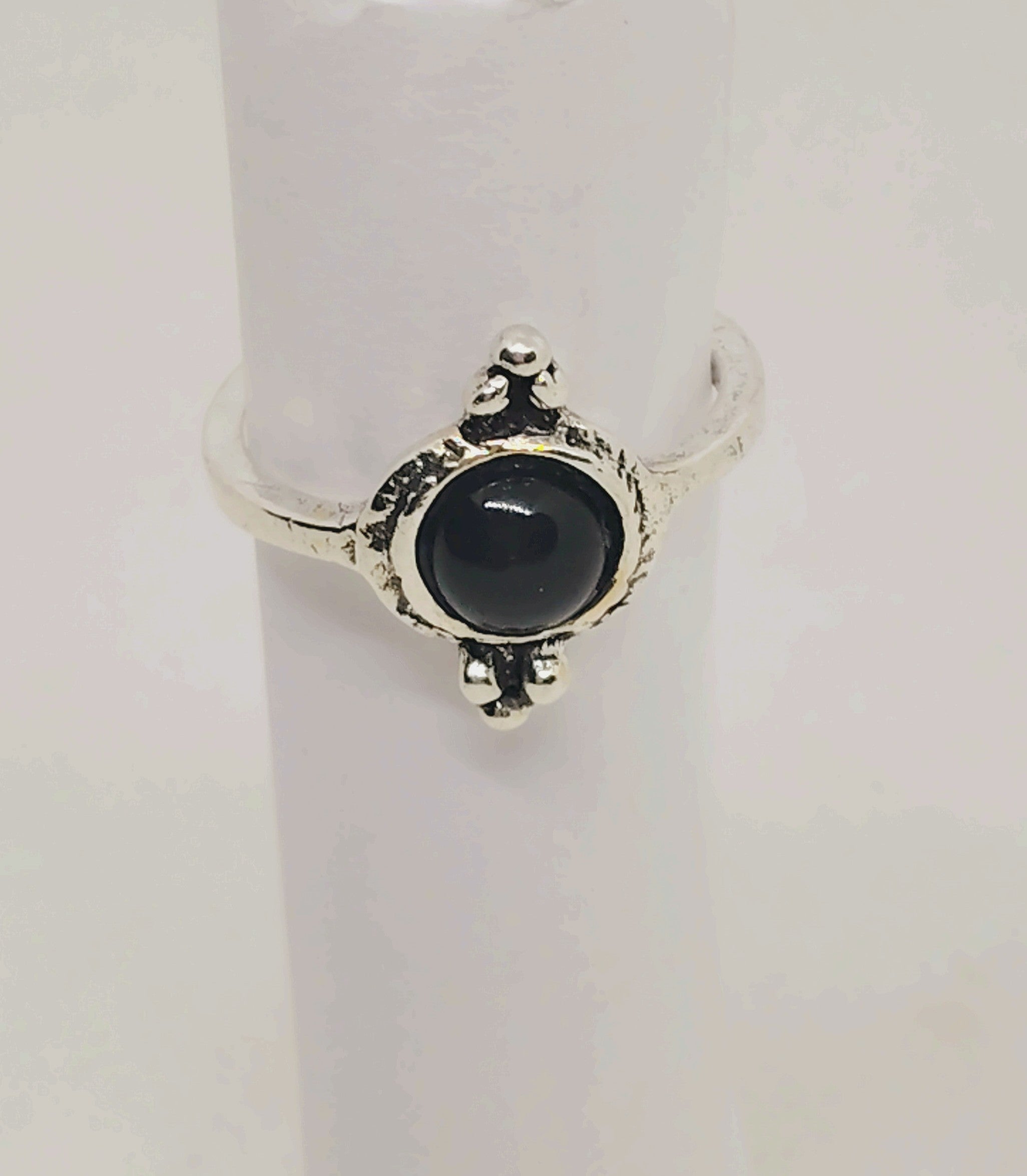 Silver Tone Black Stone Ring, Size 6