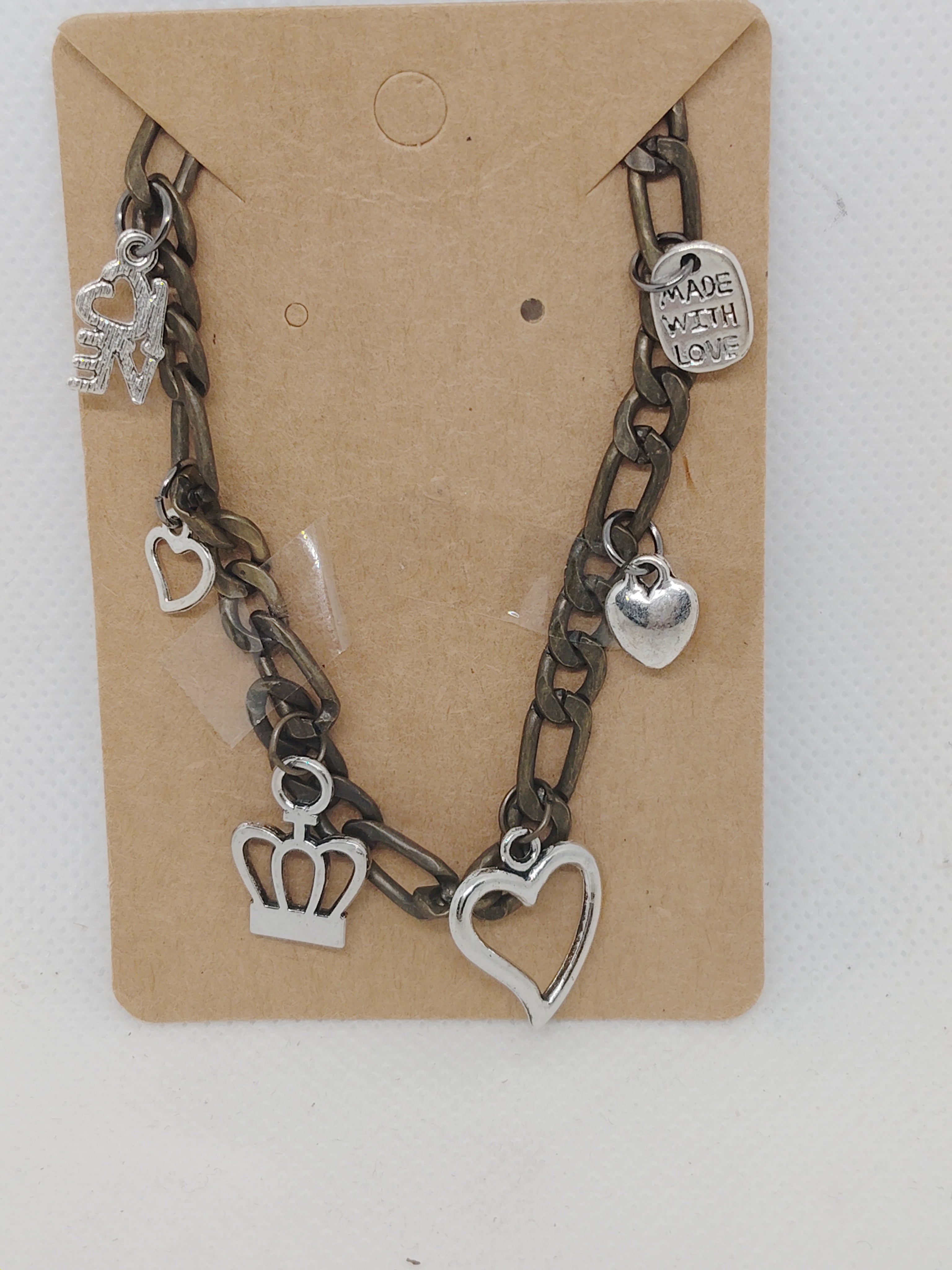 Charm Link Bracelet with Heart and Crown Pendants