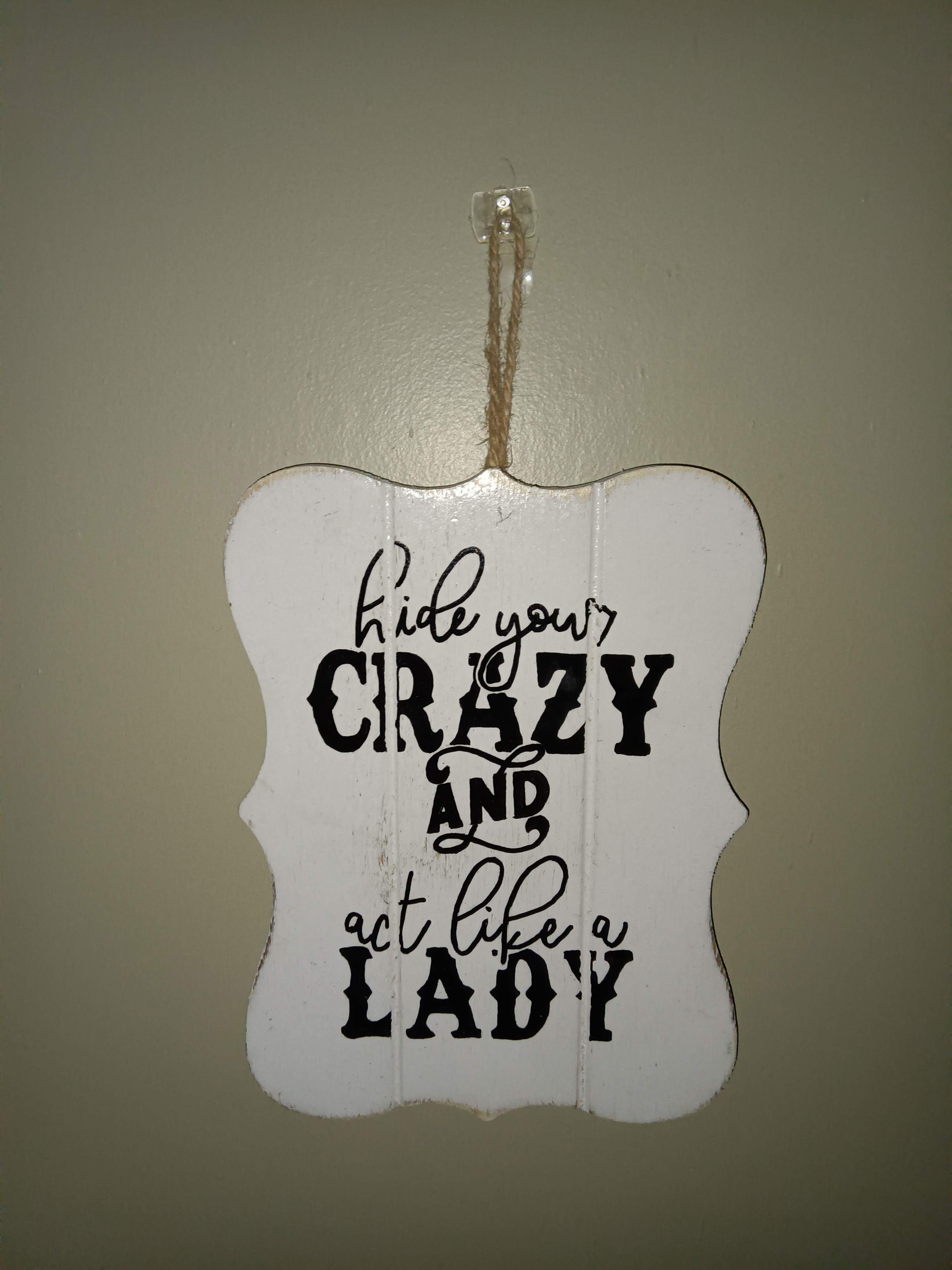 Decorative Hanging Wall Sign - "Hide Your Crazy and Act Like a Lady"